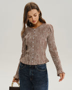 Check Blouse with Shirred Body and Frilled Cuffs - Brown