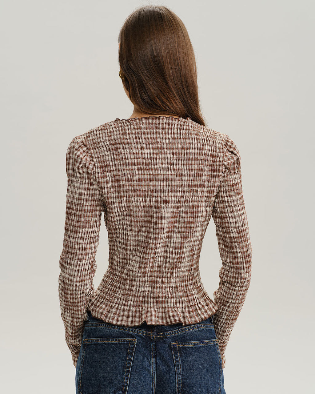 Check Blouse with Shirred Body and Frilled Cuffs - Brown