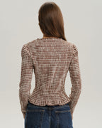Check Blouse with Shirred Body and Frilled Cuffs - Brown