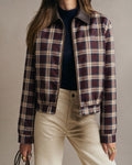 Check Bomber Jacket with Point Collar and Zip Front - Red