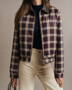 Check Bomber Jacket with Point Collar and Zip Front - Red