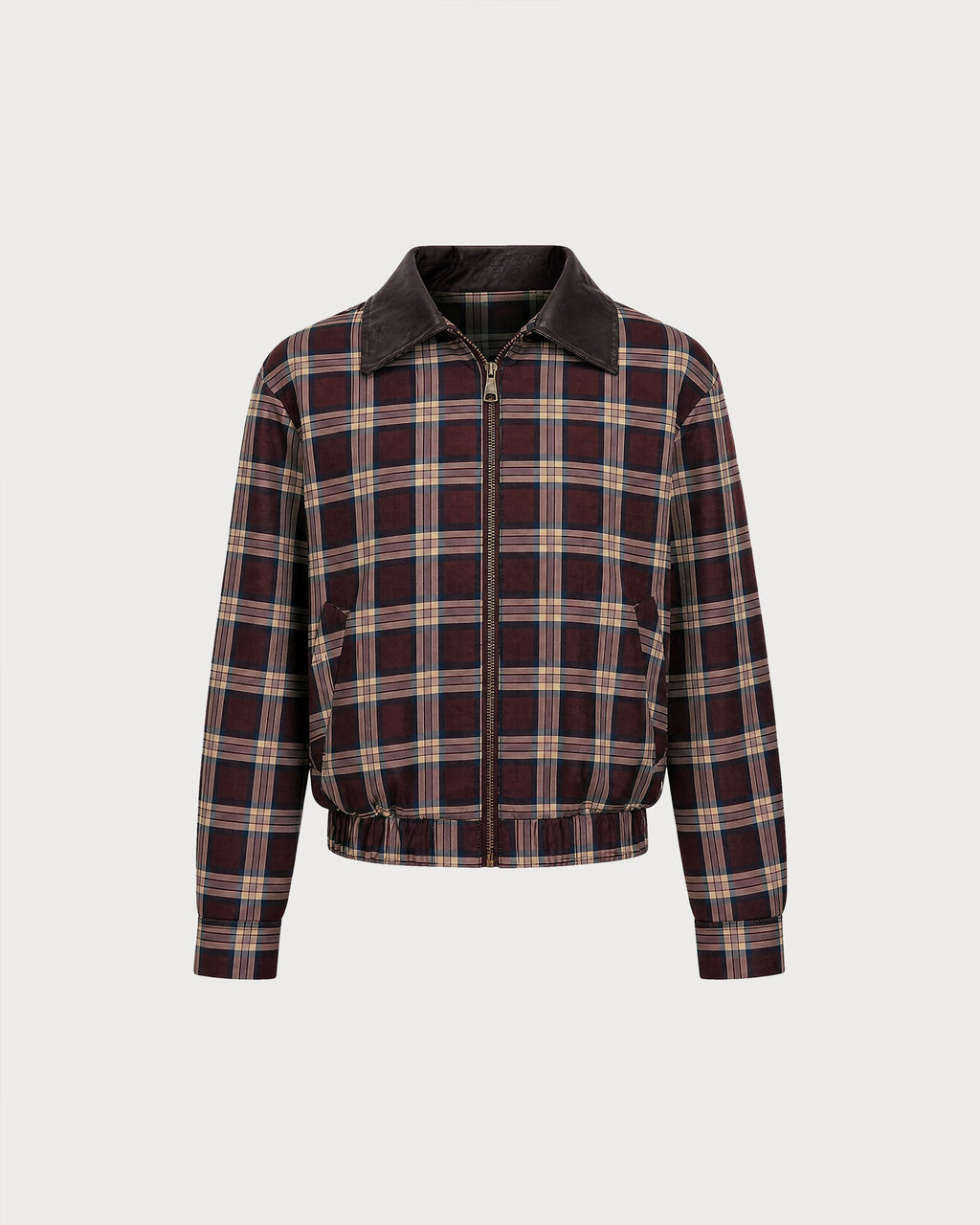 Check Bomber Jacket with Point Collar and Zip Front - Red