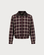 Check Bomber Jacket with Point Collar and Zip Front - Red