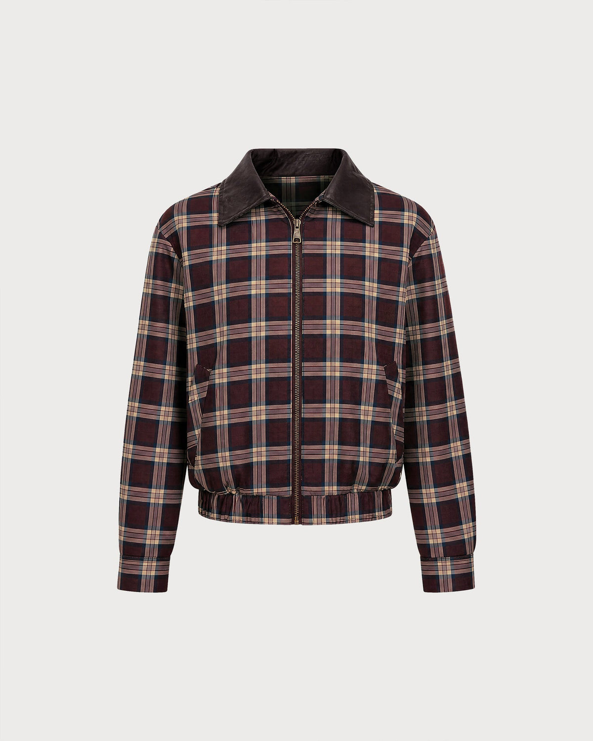 Check Bomber Jacket with Point Collar and Zip Front - Red