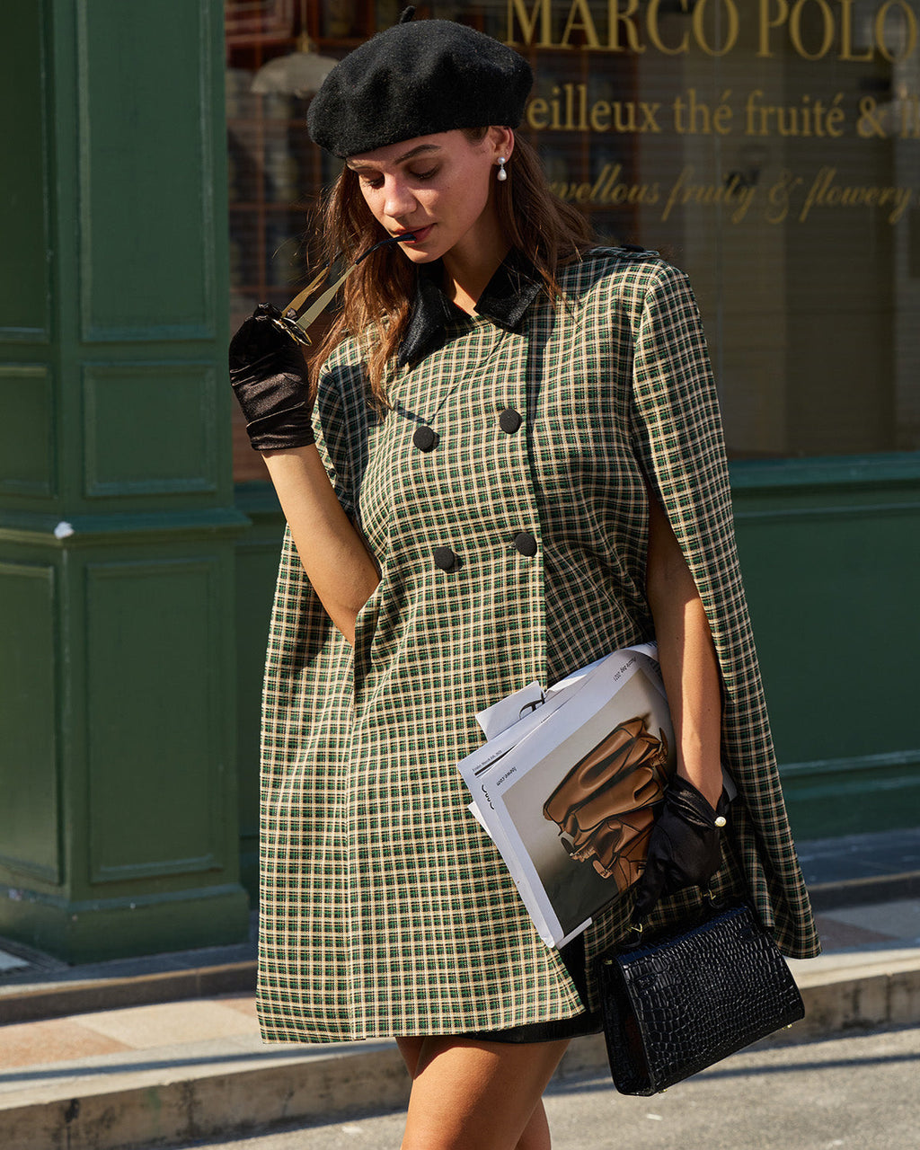 Check Cape Coat with Notch Lapel and Double Breasted Front - Green