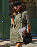 Check Cape Coat with Notch Lapel and Double Breasted Front - Green