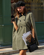 Check Cape Coat with Notch Lapel and Double Breasted Front - Green