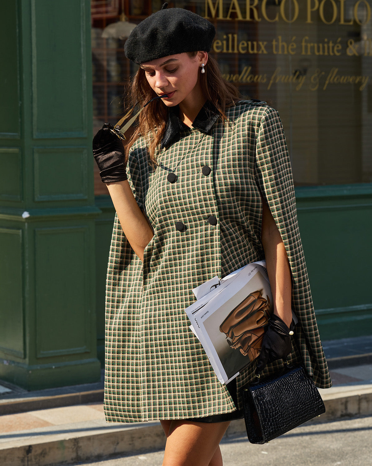 Check Cape Coat with Notch Lapel and Double Breasted Front - Green