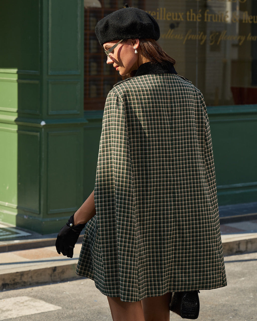 Check Cape Coat with Notch Lapel and Double Breasted Front - Green