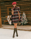 Check Cape Coat with Point Collar and Double Breasted Front - Red