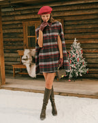 Check Cape Coat with Point Collar and Double Breasted Front - Red