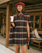 Check Cape Coat with Point Collar and Double Breasted Front - Red