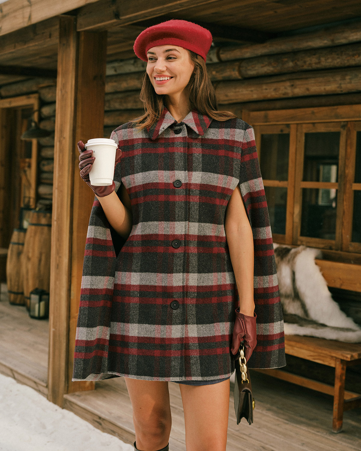 Check Cape Coat with Point Collar and Double Breasted Front - Red