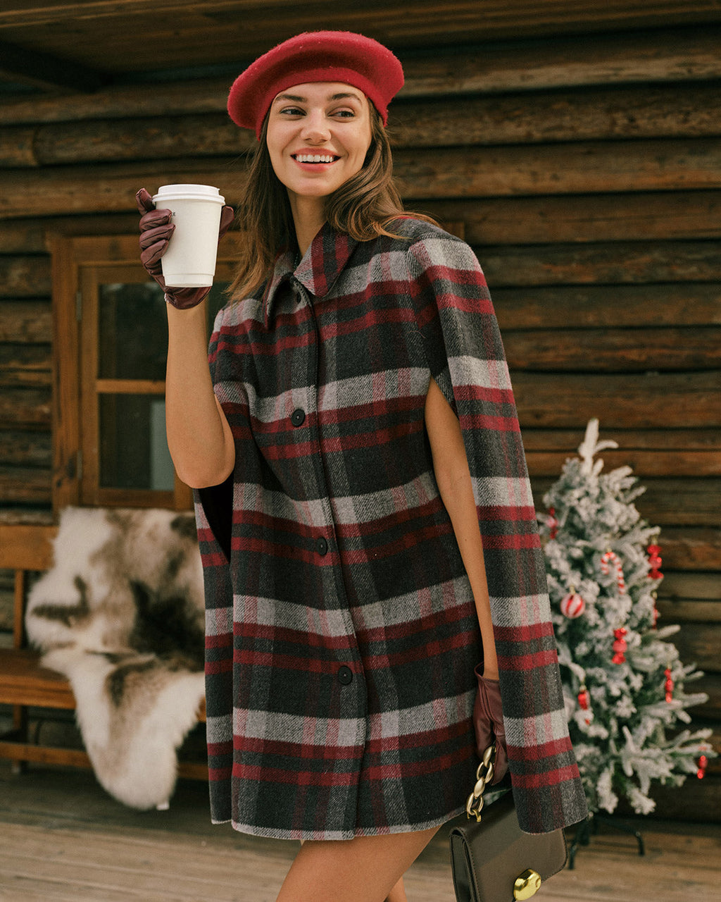 Check Cape Coat with Point Collar and Double Breasted Front - Red