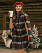 Check Cape Coat with Point Collar and Double Breasted Front - Red