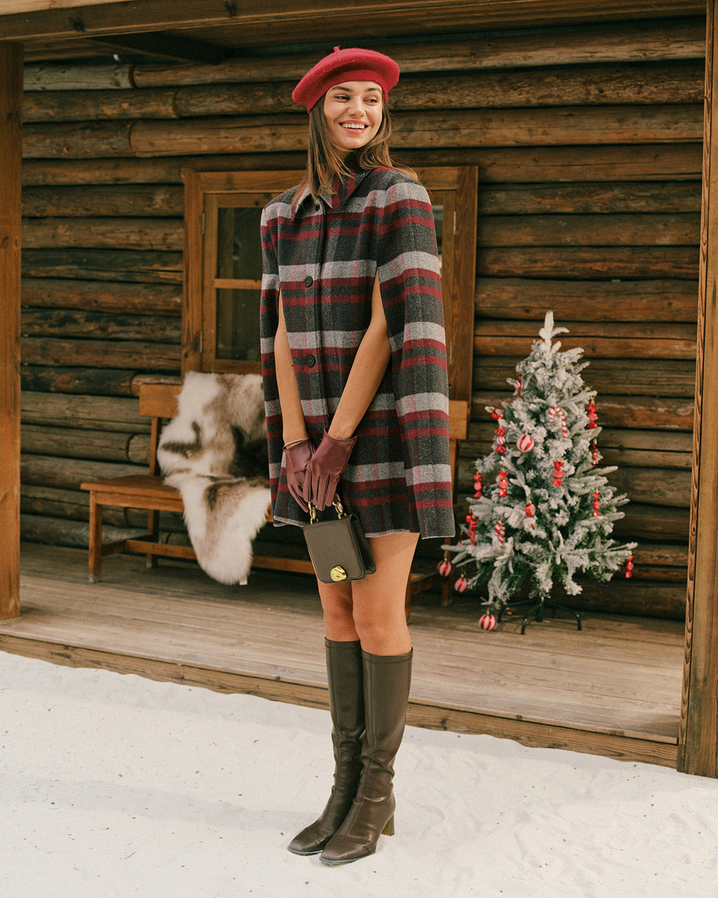 Check Cape Coat with Point Collar and Double Breasted Front - Red