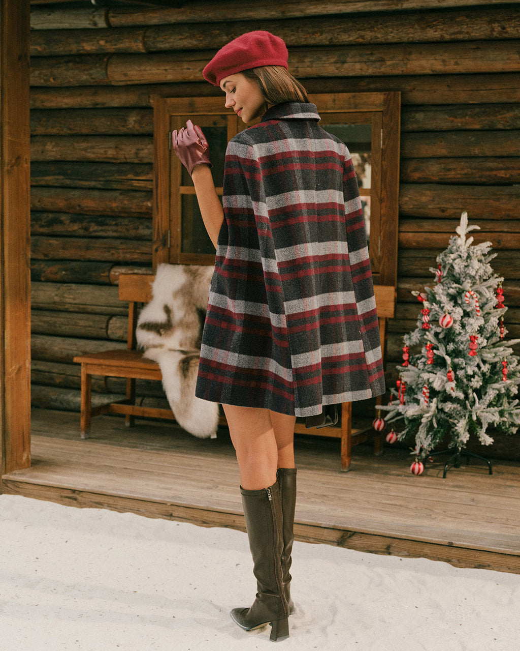 Check Cape Coat with Point Collar and Double Breasted Front - Red