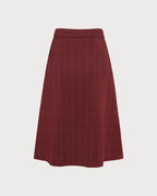 Check Midi Skirt with A-Line Cut and Concealed Zip - Red