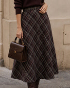Check Midi Skirt with Elasticated Waist and Full A-Line - Wine Red