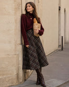 Check Midi Skirt with Elasticated Waist and Full A-Line - Wine Red