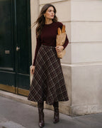 Check Midi Skirt with Elasticated Waist and Full A-Line - Wine Red