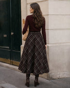 Check Midi Skirt with Elasticated Waist and Full A-Line - Wine Red