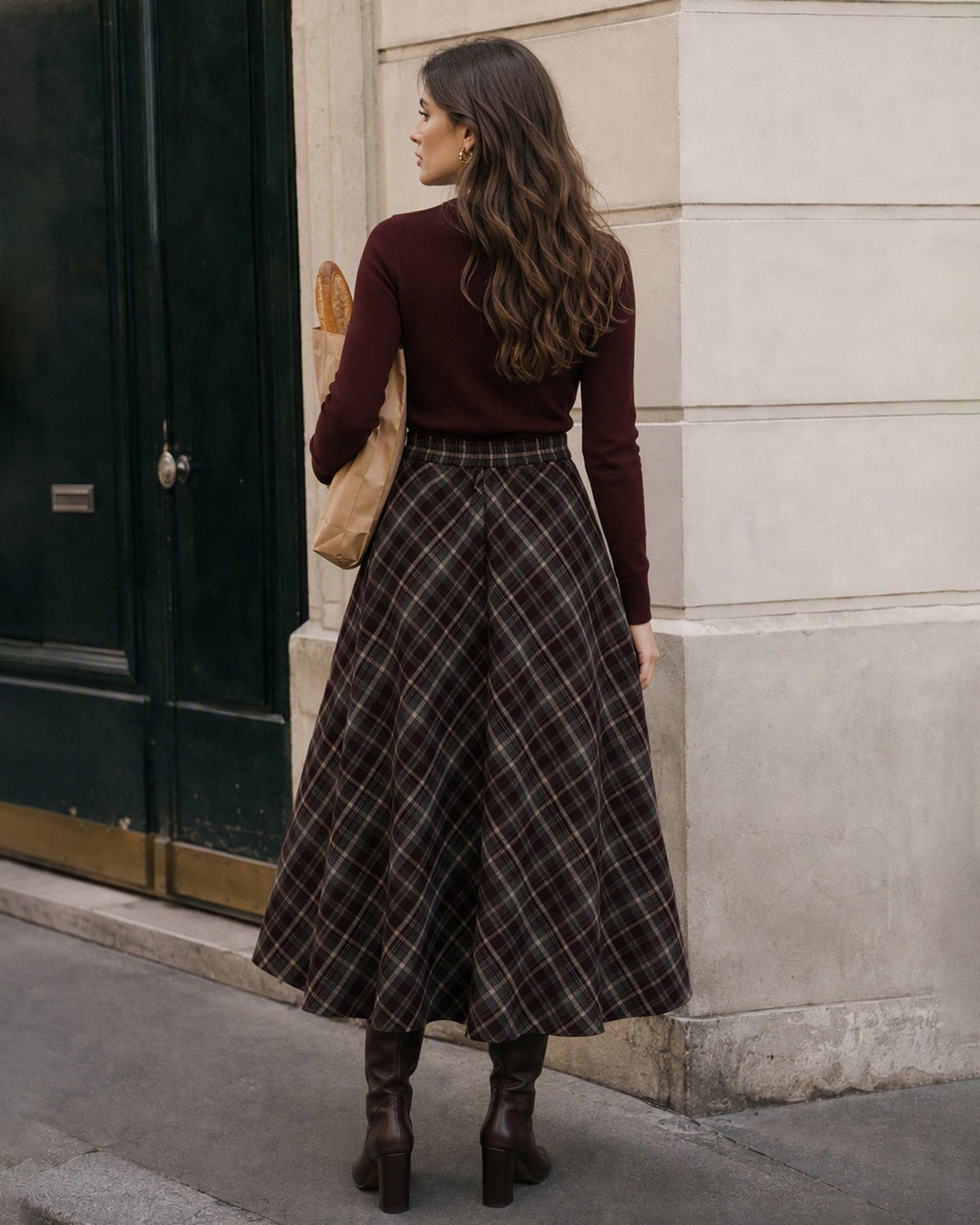 Check Midi Skirt with Elasticated Waist and Full A-Line - Wine Red