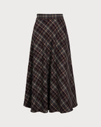 Check Midi Skirt with Elasticated Waist and Full A-Line - Wine Red