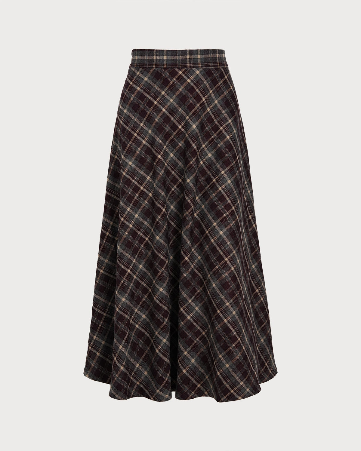 Check Midi Skirt with Elasticated Waist and Full A-Line - Wine Red