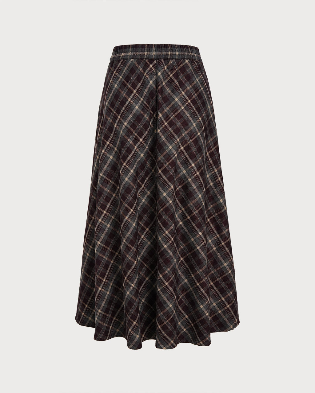 Check Midi Skirt with Elasticated Waist and Full A-Line - Wine Red