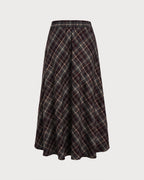 Check Midi Skirt with Elasticated Waist and Full A-Line - Wine Red