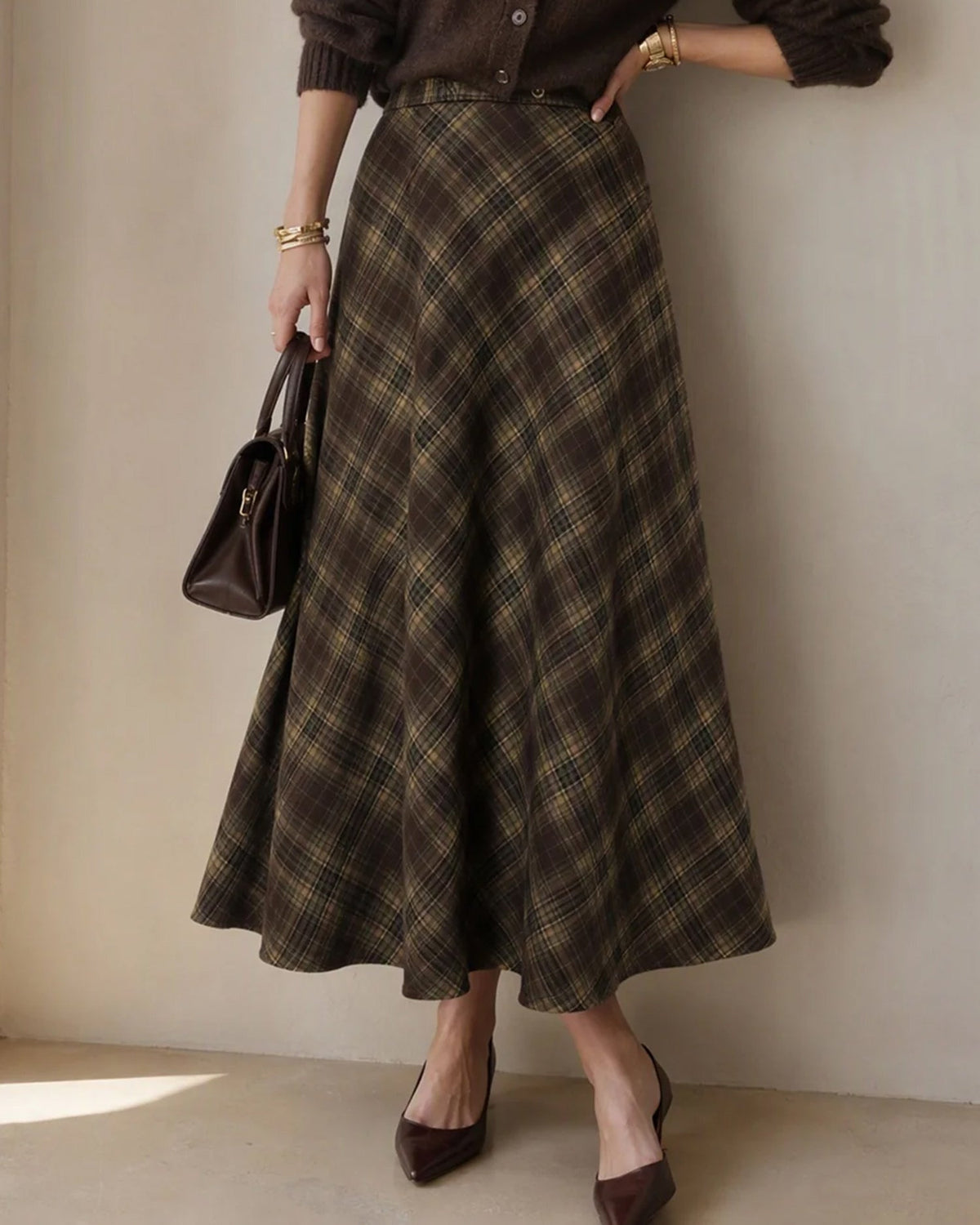 Check Midi Skirt with Elasticated Waist and Swing Hem - Green