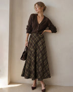 Check Midi Skirt with Elasticated Waist and Swing Hem - Green