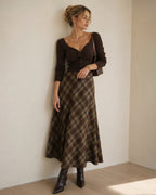 Check Midi Skirt with Elasticated Waist and Swing Hem - Green