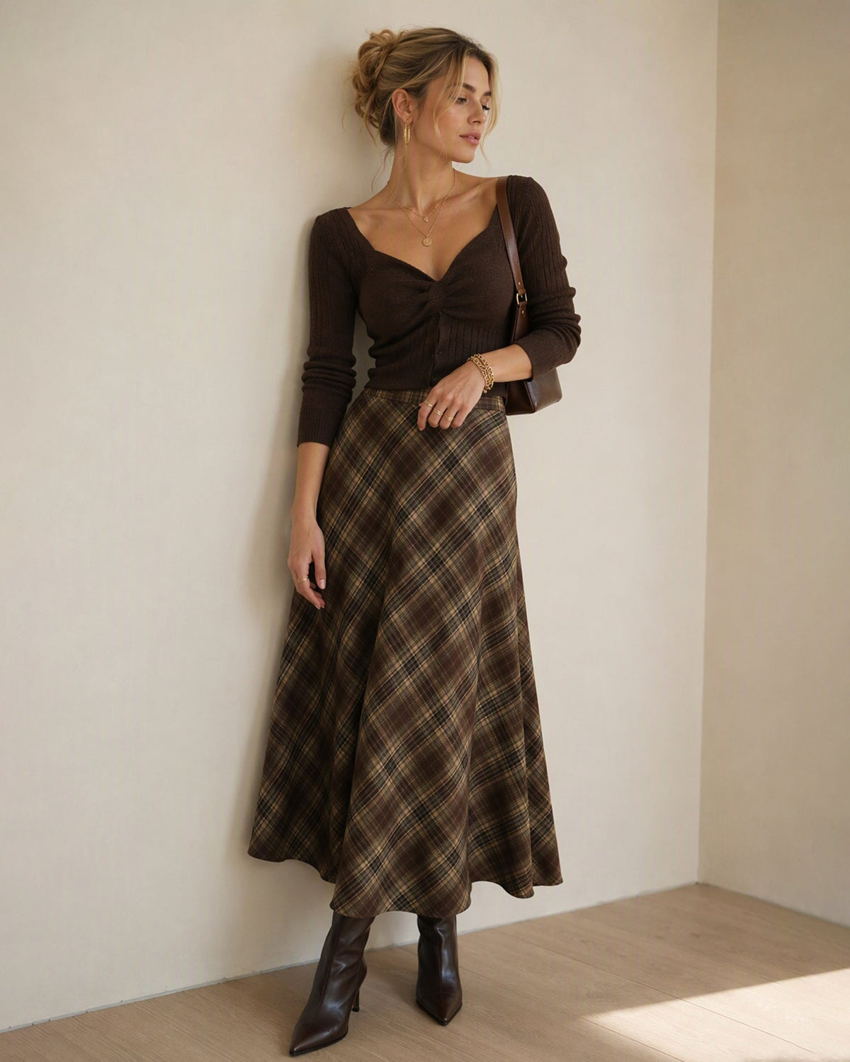 Check Midi Skirt with Elasticated Waist and Swing Hem - Green