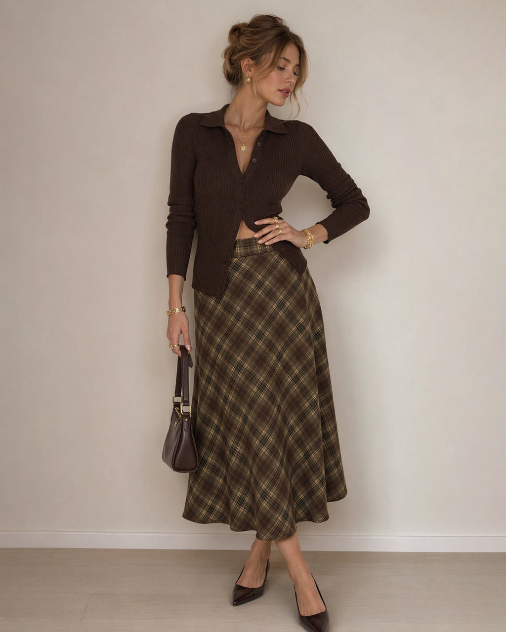 Check Midi Skirt with Elasticated Waist and Swing Hem - Green