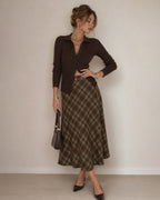 Check Midi Skirt with Elasticated Waist and Swing Hem - Green