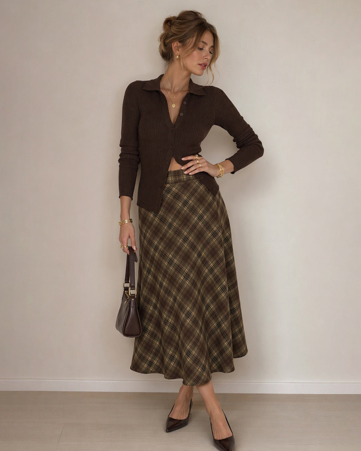 Check Midi Skirt with Elasticated Waist and Swing Hem - Green