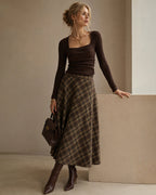 Check Midi Skirt with Elasticated Waist and Swing Hem - Green