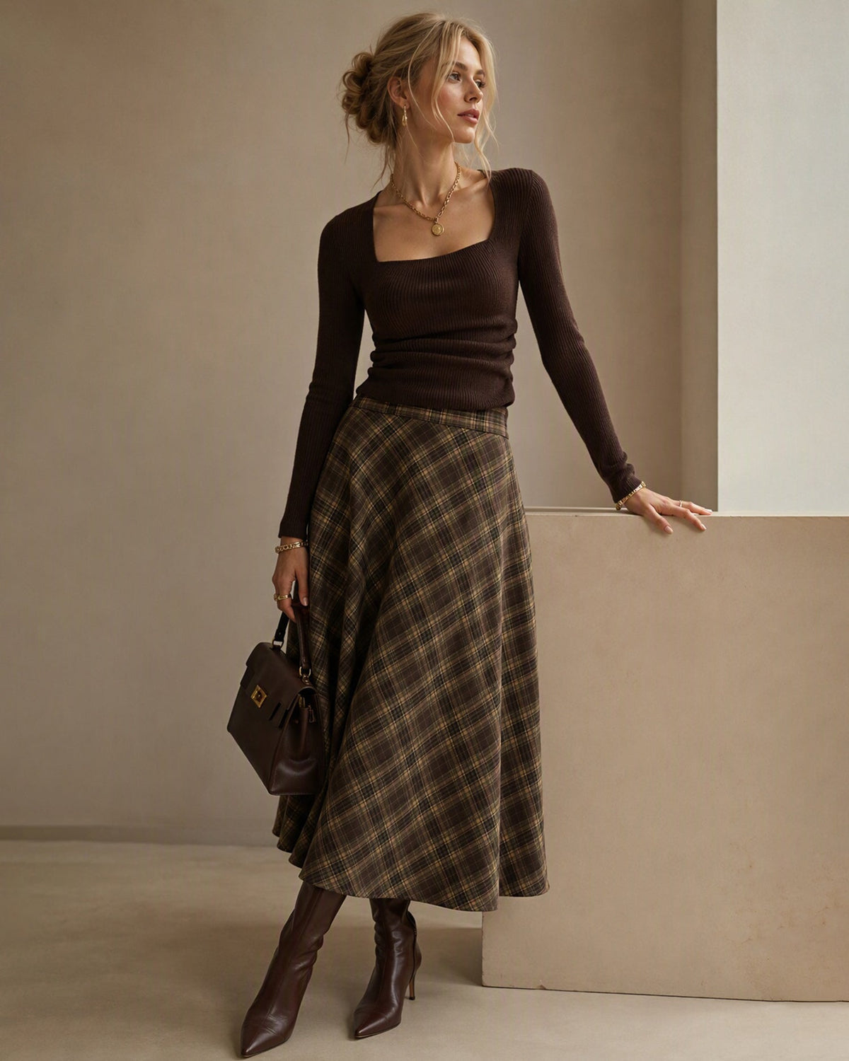 Check Midi Skirt with Elasticated Waist and Swing Hem - Green