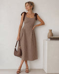 Check Pinafore Midi Dress with Tie Shoulder Straps - Brown