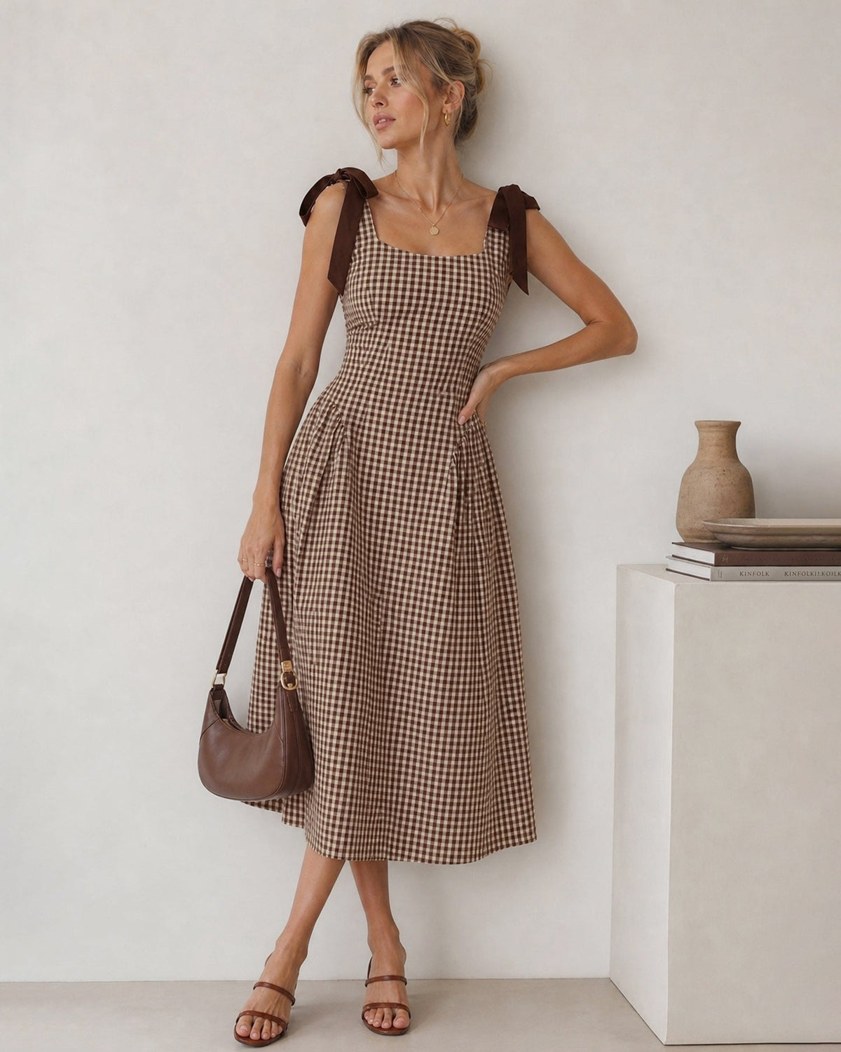 Check Pinafore Midi Dress with Tie Shoulder Straps - Brown