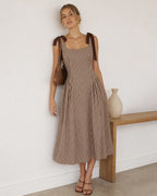 Check Pinafore Midi Dress with Tie Shoulder Straps - Brown