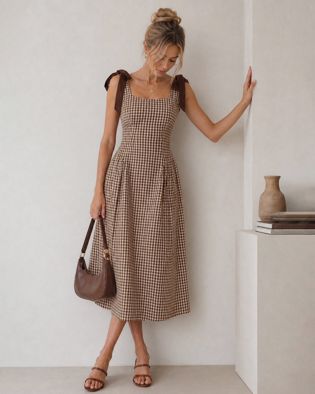 Check Pinafore Midi Dress with Tie Shoulder Straps - Brown