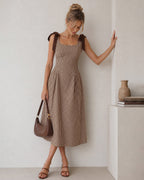 Check Pinafore Midi Dress with Tie Shoulder Straps - Brown