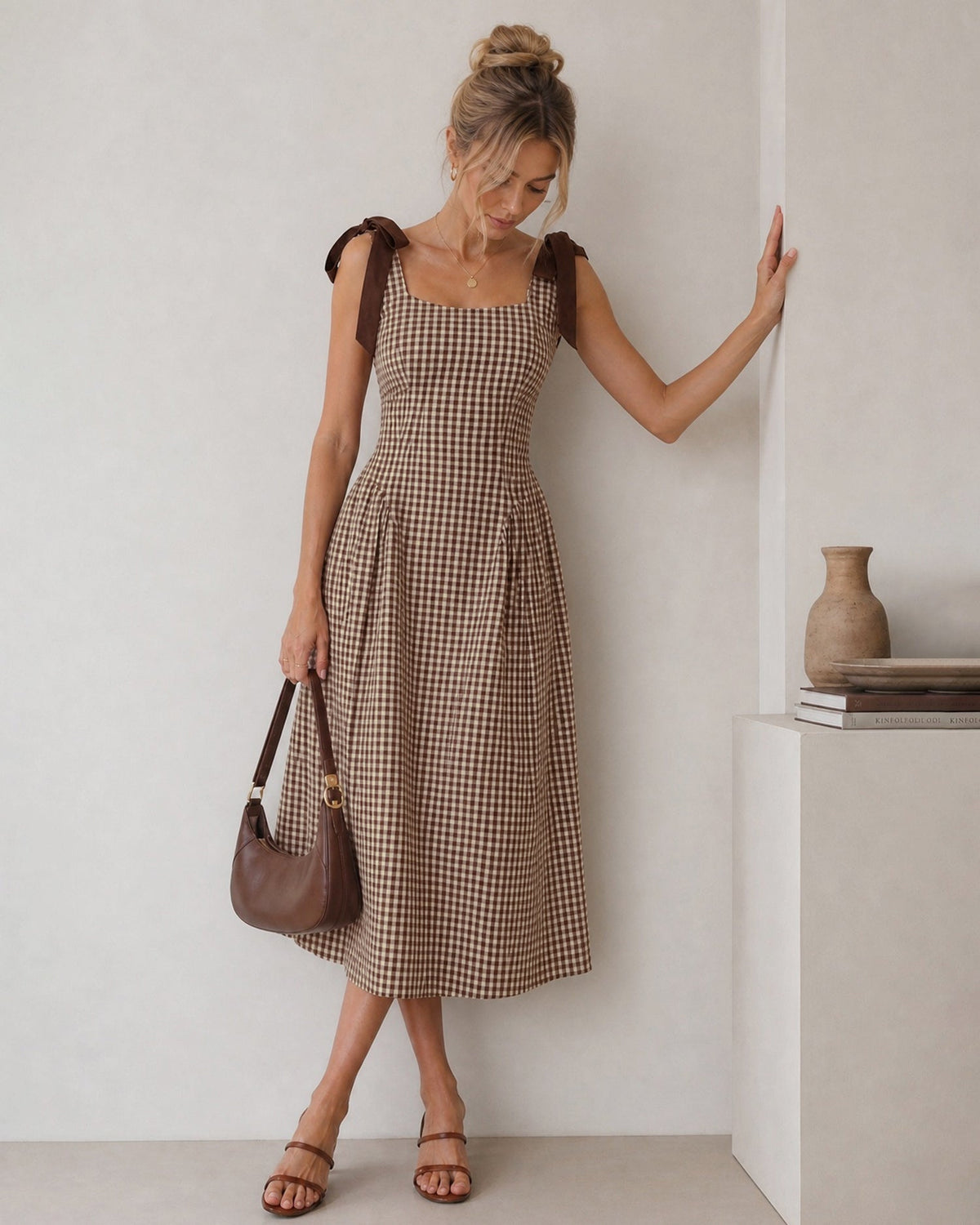 Check Pinafore Midi Dress with Tie Shoulder Straps - Brown