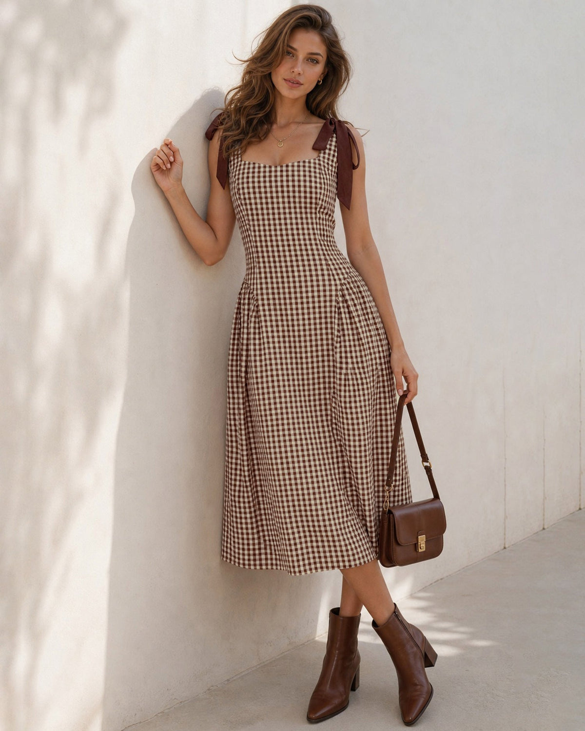 Check Pinafore Midi Dress with Tie Shoulder Straps - Brown