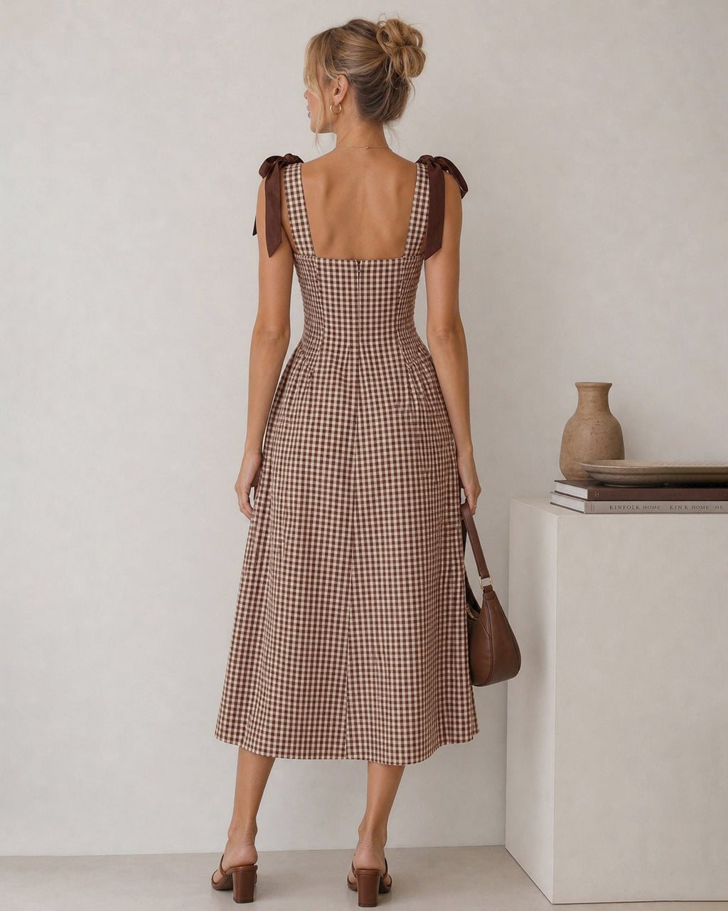 Check Pinafore Midi Dress with Tie Shoulder Straps - Brown