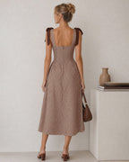 Check Pinafore Midi Dress with Tie Shoulder Straps - Brown