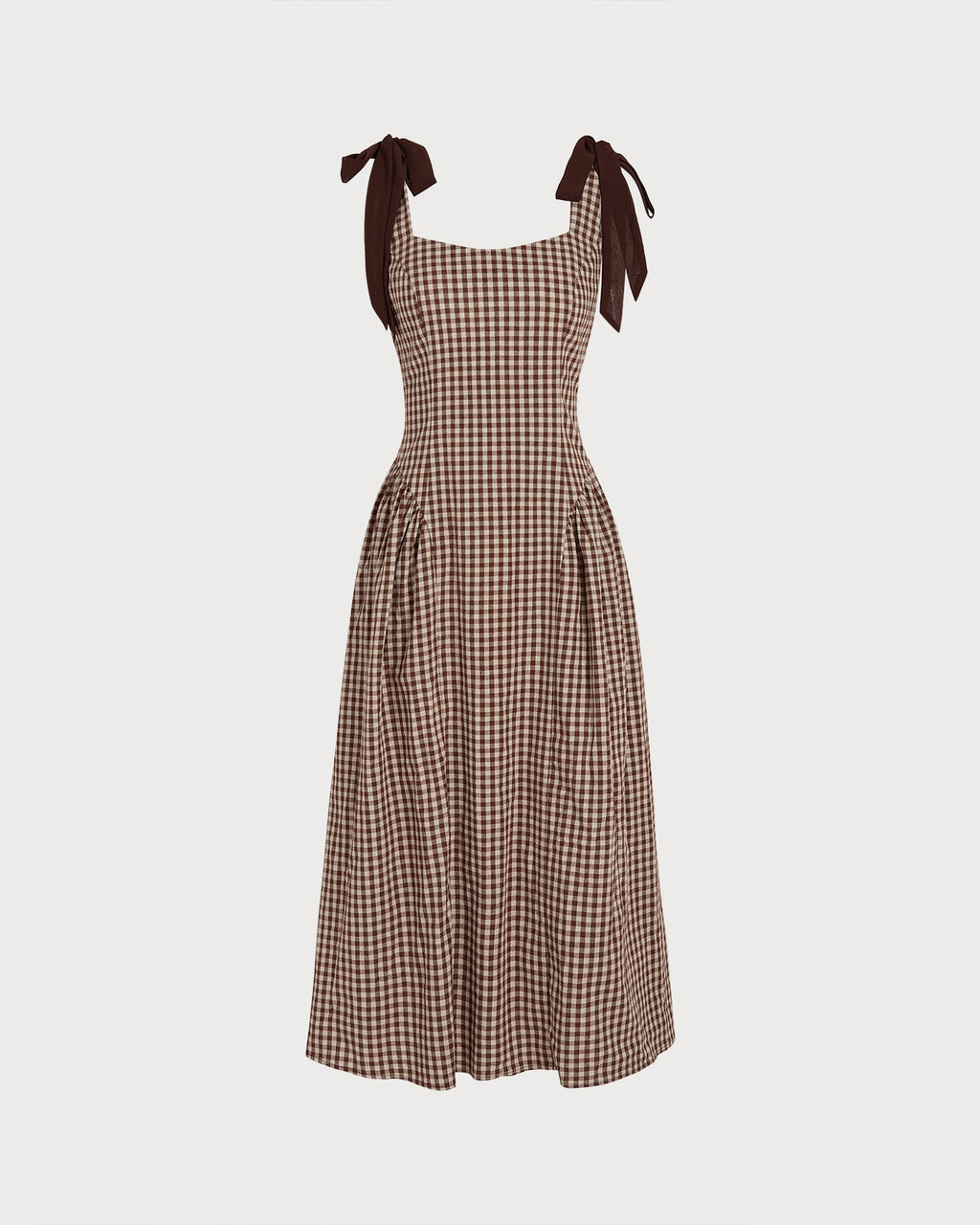 Check Pinafore Midi Dress with Tie Shoulder Straps - Brown
